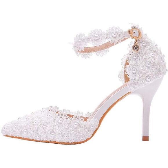 Wedding Heel Sandals White Lace Pearls Wedding Shoes Pointed Toe Bridal Shoe - Picture 4 of 7